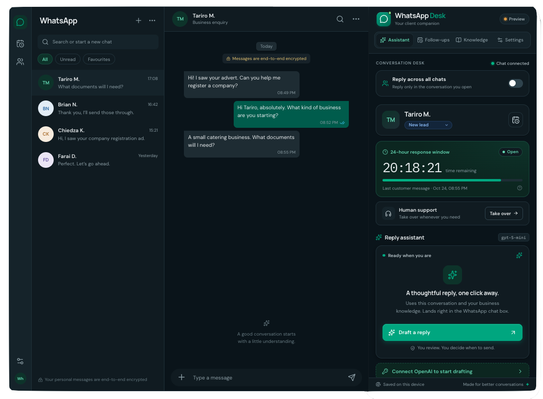Desk AI for WhatsApp Web beside a WhatsApp conversation with a 24-hour response timer and reply assistant